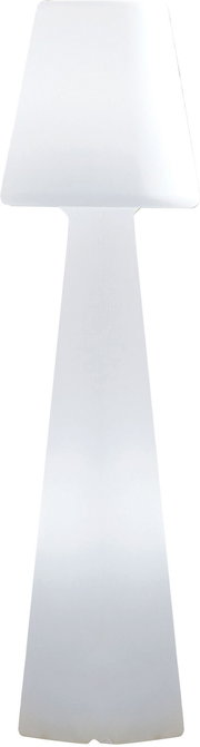 Weiße, minimalistische LED-Tischleuchte mit trapezförmigem Schirm und schlankem Standfuß, frontal von vorne auf weißem Hintergrund fotografiert