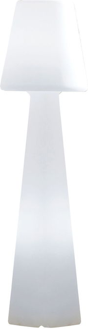 Weiße, minimalistische LED-Tischleuchte mit trapezförmigem Schirm und schlankem Standfuß, frontal von vorne auf weißem Hintergrund fotografiert