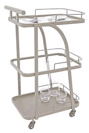 Moderner Servierwagen mit drei Ebenen, aus Metall, mit Rollen und seitlicher Perspektive.