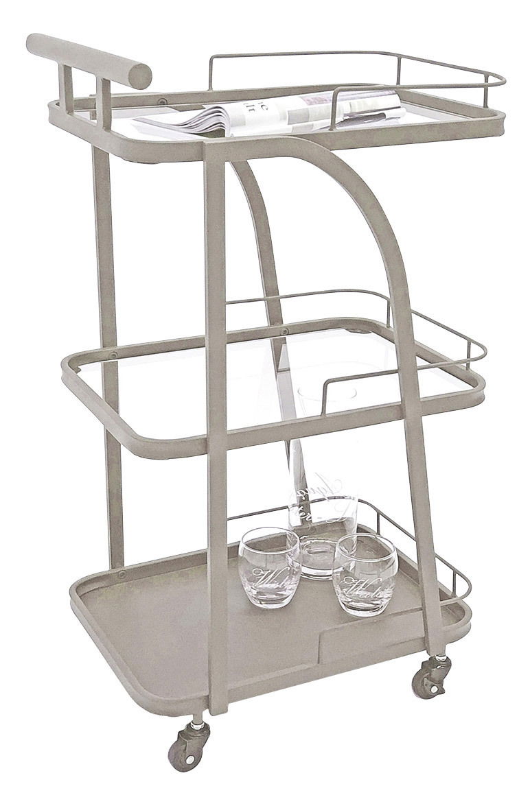 Moderner Servierwagen mit drei Ebenen, aus Metall, mit Rollen und seitlicher Perspektive.