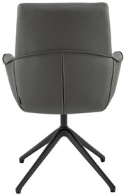 Rückansicht eines modernen Armlehnstuhls mit schwarzem Metallgestell und grauem Polster.