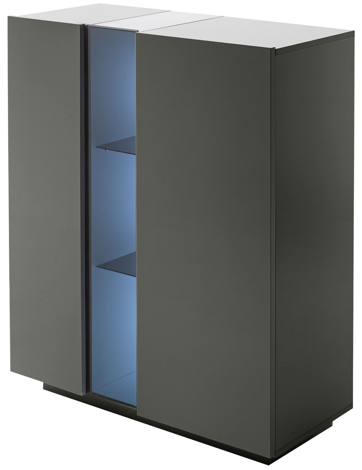 Modernes Highboard in dunklem Grau mit blauer Innenbeleuchtung, seitliche Perspektive