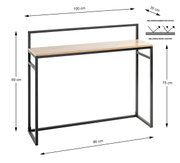 Schmaler Konsolentisch/Schreibtisch mit schwarzem Metallgestell und heller Holzoptik-Tischplatte (Melaminharzbeschichtung), Maße ca. 100 x 30 x 89 cm, in schräger Vorderansicht mit eingezeichneten Abmessungen.