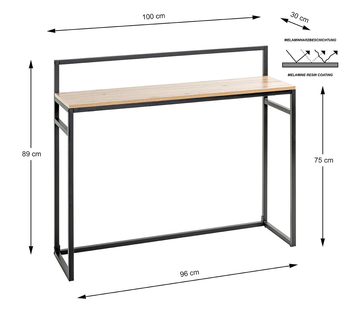 Schmaler Konsolentisch/Schreibtisch mit schwarzem Metallgestell und heller Holzoptik-Tischplatte (Melaminharzbeschichtung), Maße ca. 100 x 30 x 89 cm, in schräger Vorderansicht mit eingezeichneten Abmessungen.