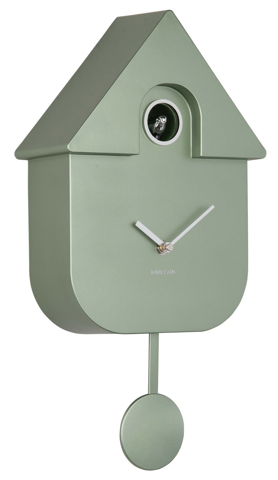 Moderne grüne Kuckucksuhr in Hausform mit Pendel, seitliche Perspektive