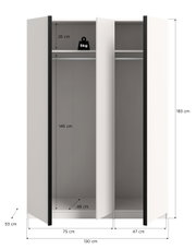 Offener dreitüriger Kleiderschrank in Weiß mit schwarzen Kanten, Innenansicht mit Kleiderstange und Ablage; Maße ca. 183 cm hoch, 130 cm breit, 53 cm tief, Fachhöhen 26 cm und 146 cm, Innenbreite 48 cm, Ablage bis 5 kg belastbar; Perspektive: frontale Ans
