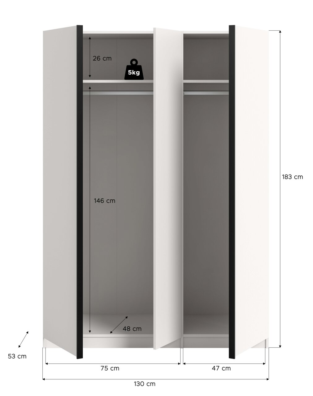 Offener dreitüriger Kleiderschrank in Weiß mit schwarzen Kanten, Innenansicht mit Kleiderstange und Ablage; Maße ca. 183 cm hoch, 130 cm breit, 53 cm tief, Fachhöhen 26 cm und 146 cm, Innenbreite 48 cm, Ablage bis 5 kg belastbar; Perspektive: frontale Ans