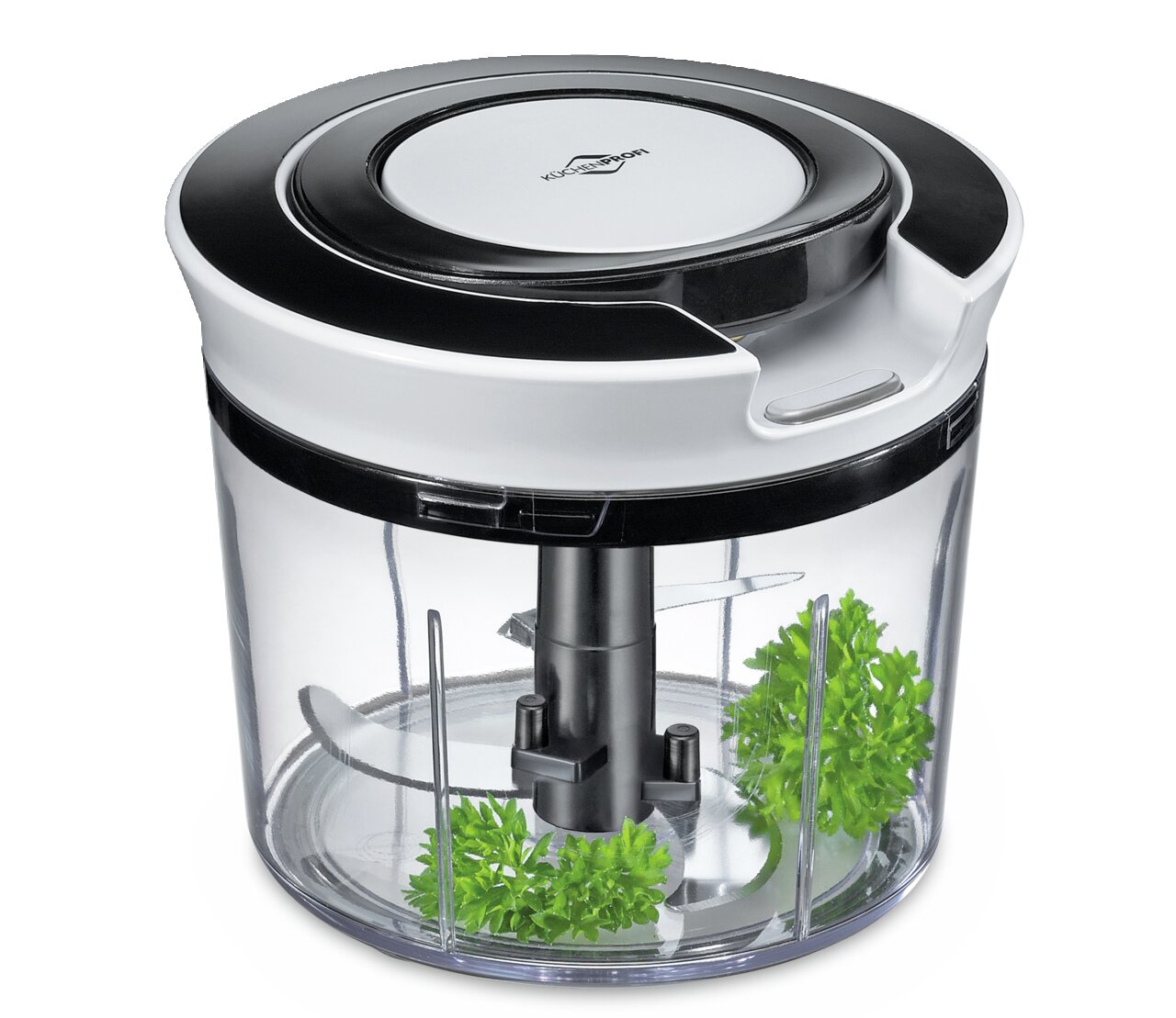 KÜCHENPROFI Multischneider TURBO Multischneider Turbo aus der Vogelperspektive mit transparentem Behälter und Kräutern im Inneren