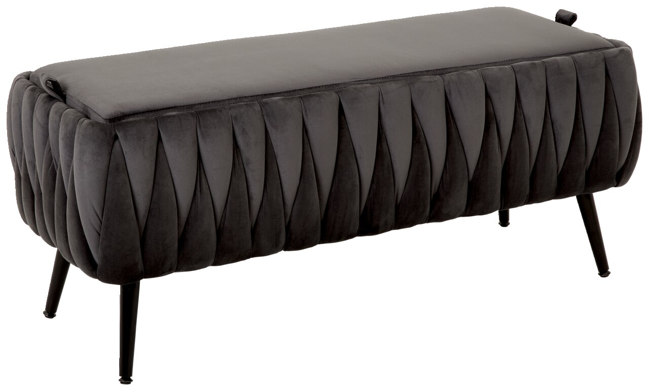 XORA Hockerbank FLINT Elegante Hockerbank mit schwarzem, gestepptem Stoffbezug und schlanken Metallbeinen, seitliche Perspektive.