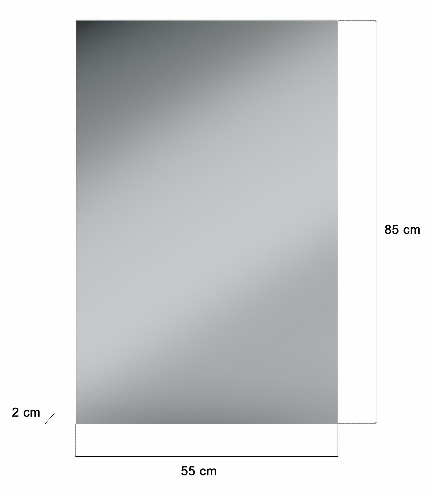 Rechteckiger Spiegel mit den Maßen 85 cm Höhe, 55 cm Breite und 2 cm Tiefe, frontal abgebildet.