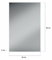 Rechteckiger Spiegel mit den Maßen 85 cm Höhe, 55 cm Breite und 2 cm Tiefe, frontal abgebildet.
