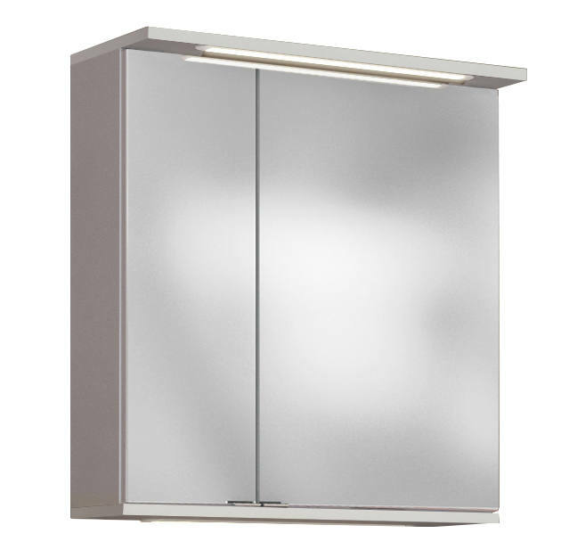 Moderner Spiegelschrank mit zwei Türen und integrierter Beleuchtung, seitliche Perspektive