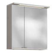 Moderner Spiegelschrank mit zwei Türen und integrierter Beleuchtung, seitliche Perspektive