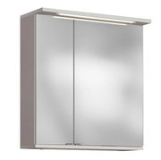 Moderner Spiegelschrank mit zwei Türen und integrierter Beleuchtung, seitliche Perspektive