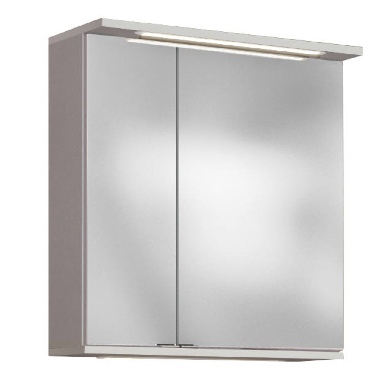 Moderner Spiegelschrank mit zwei Türen und integrierter Beleuchtung, seitliche Perspektive