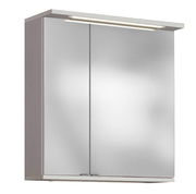 Moderner Spiegelschrank mit zwei Türen und integrierter Beleuchtung, seitliche Perspektive