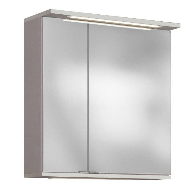 Moderner Spiegelschrank mit zwei Türen und integrierter Beleuchtung, seitliche Perspektive