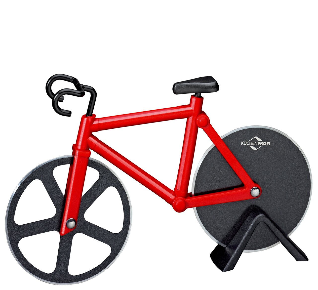 Roter Pizzaschneider in Form eines Fahrrads mit zwei schwarzen Schneidrädern, seitliche Perspektive
