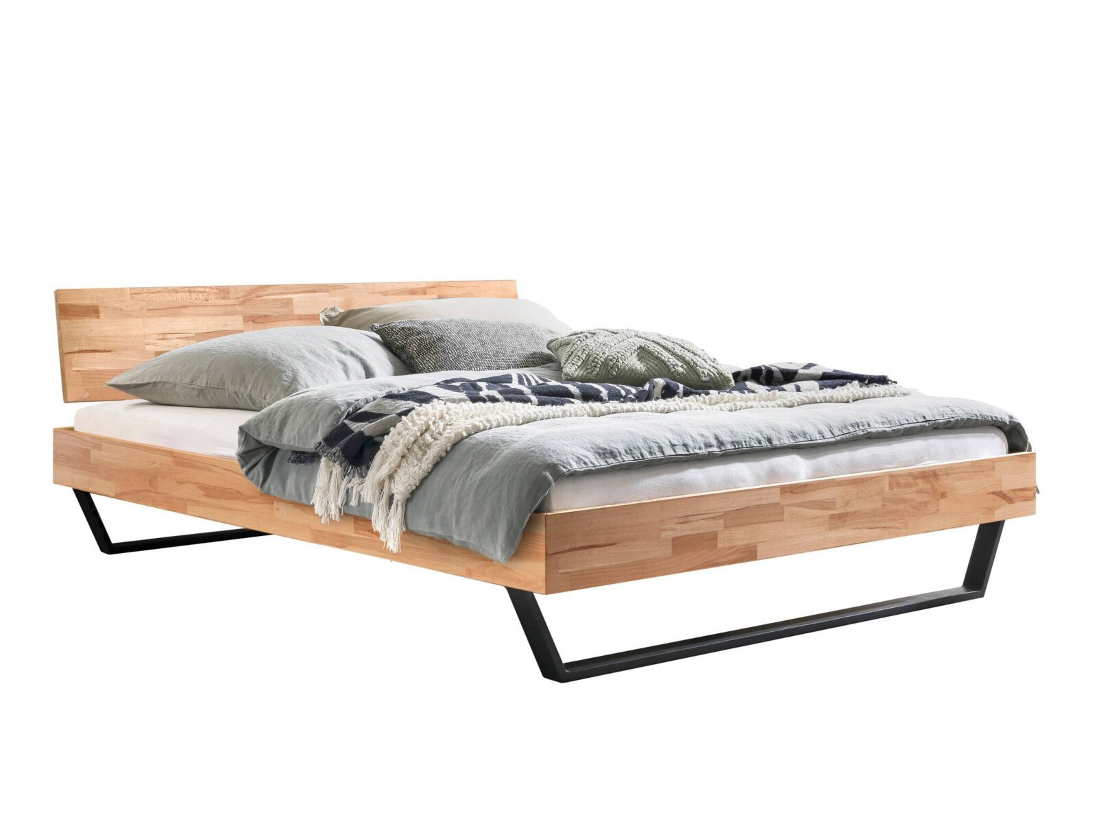 Modern houten bedframe met zwart metalen frame, zijaanzicht