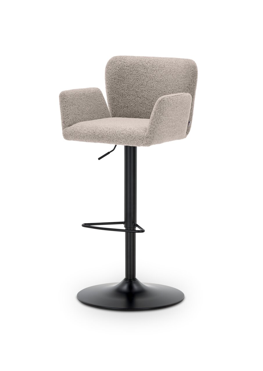 Barhocker mit hellgrauem Stoffbezug und schwarzem Metallgestell, seitliche Perspektive