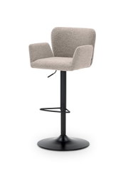 Barkruk met lichtgrijze stoffen bekleding en zwart metalen frame, zijaanzicht