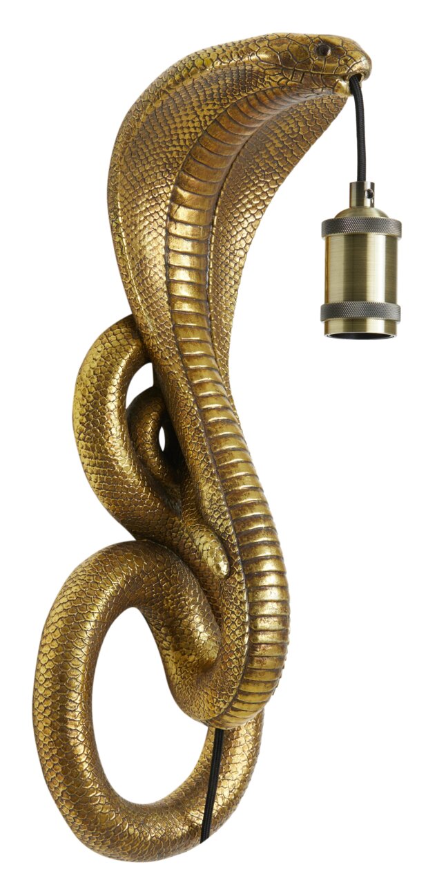 Goldene Wandleuchte in Form einer Kobra, seitliche Perspektive
