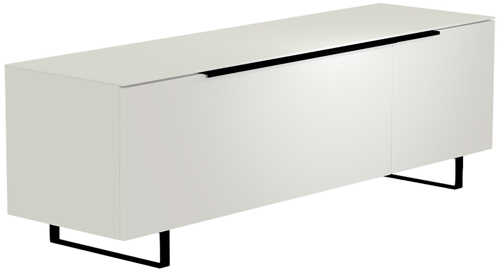 Weißes TV-Lowboard mit zwei Türen und schwarzen Metallbeinen, seitliche Perspektive