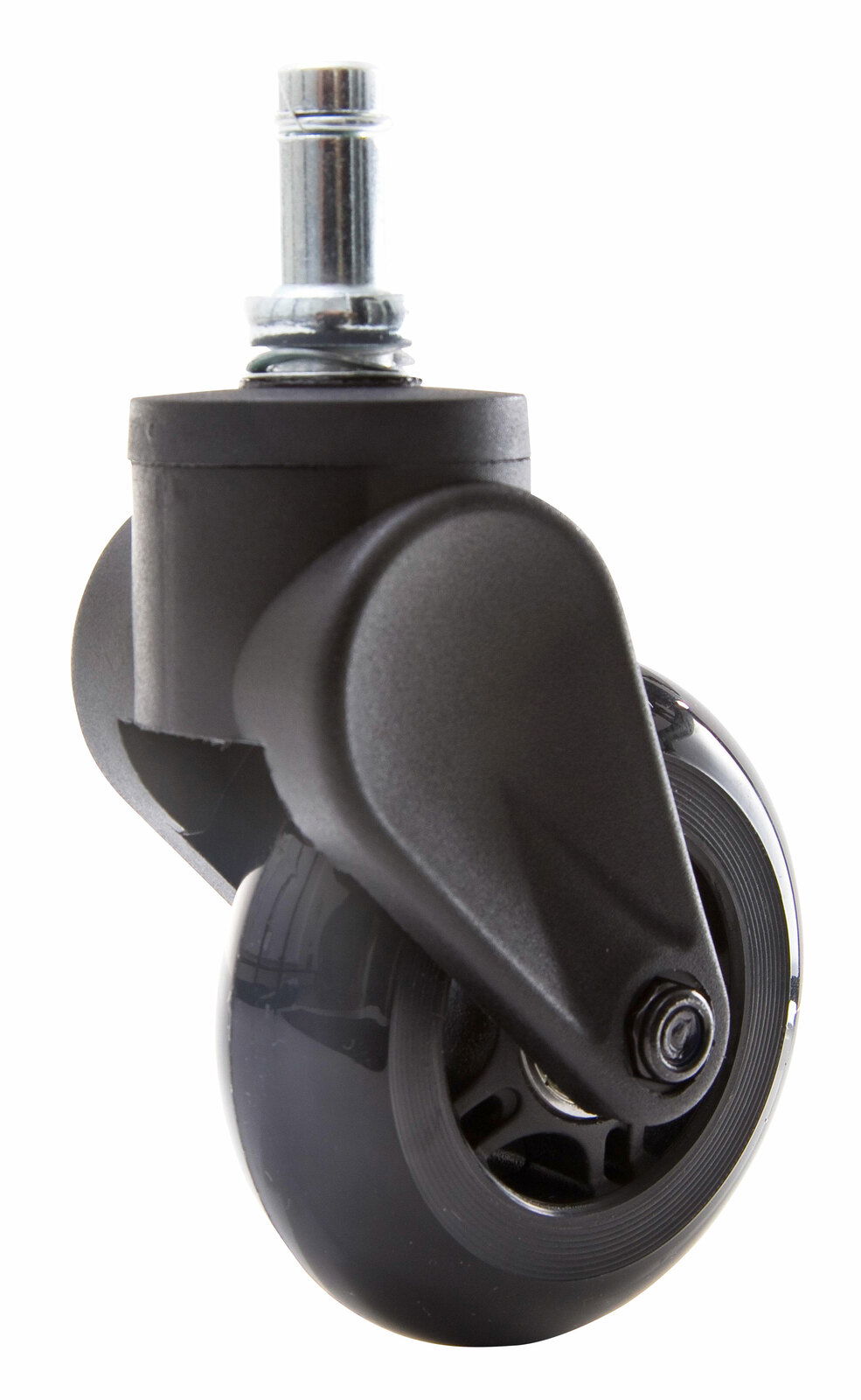 Nahaufnahme einer schwarzen Hartbodenrolle mit Metallstift, seitliche Perspektive