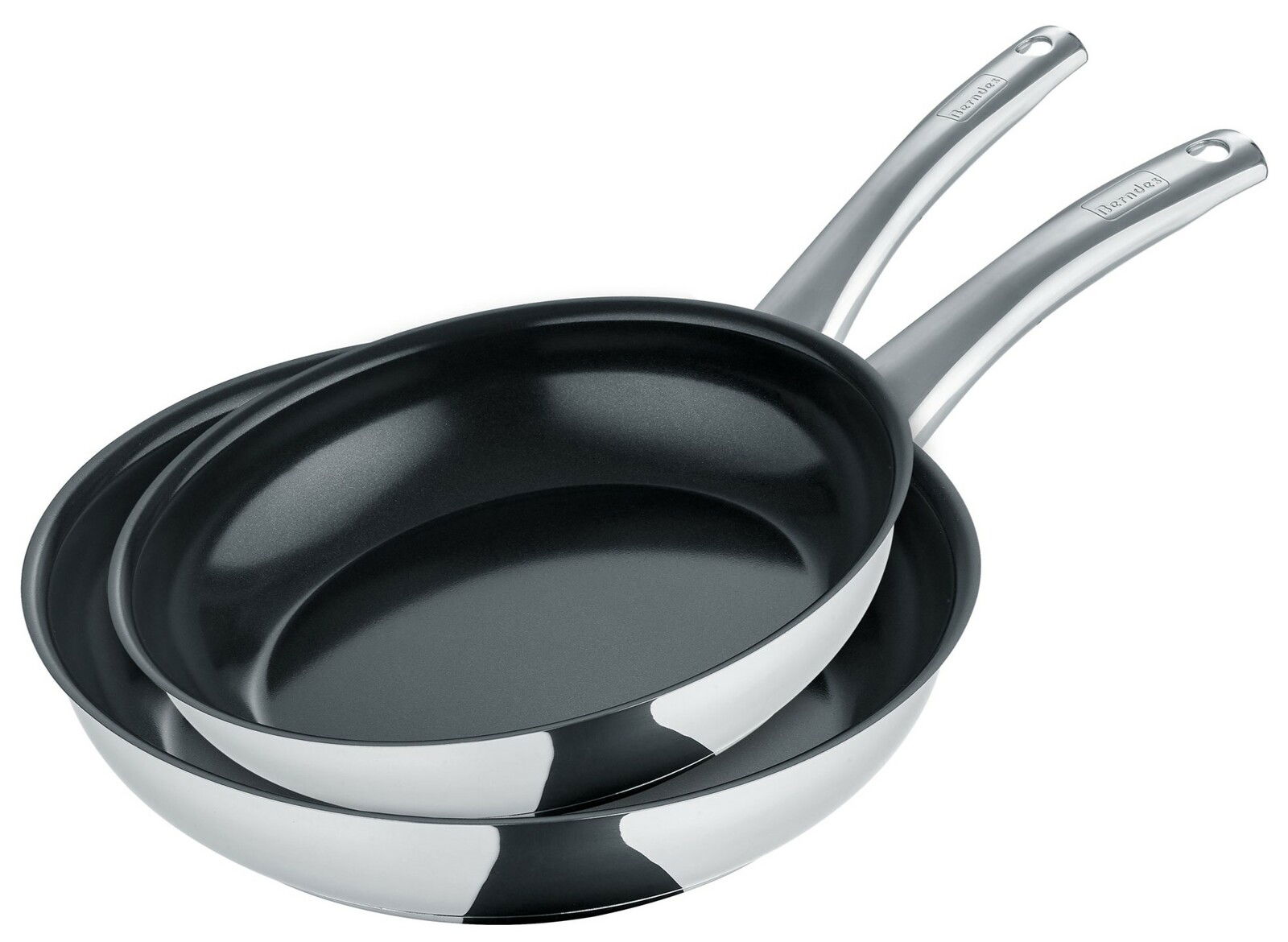 Zweier-Set von Pfannen aus Edelstahl mit Antihaftbeschichtung, seitliche Perspektive