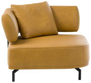 Moderner Sessel in senfgelber Farbe mit Kissen, seitliche Perspektive
