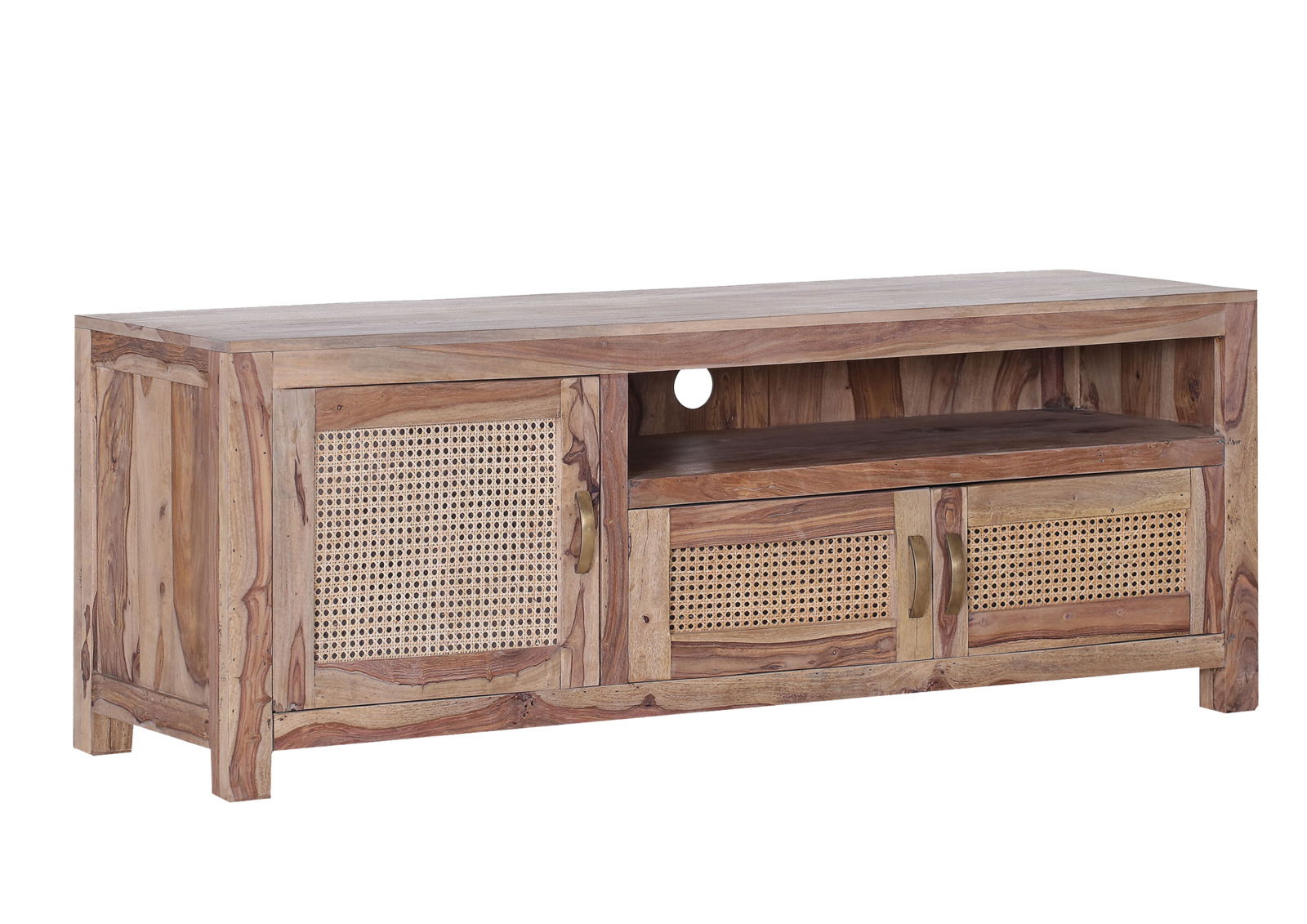 TV-Lowboard aus Holz mit Rattan-Elementen, seitliche Perspektive