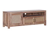 TV-Lowboard aus Holz mit Rattan-Elementen, seitliche Perspektive