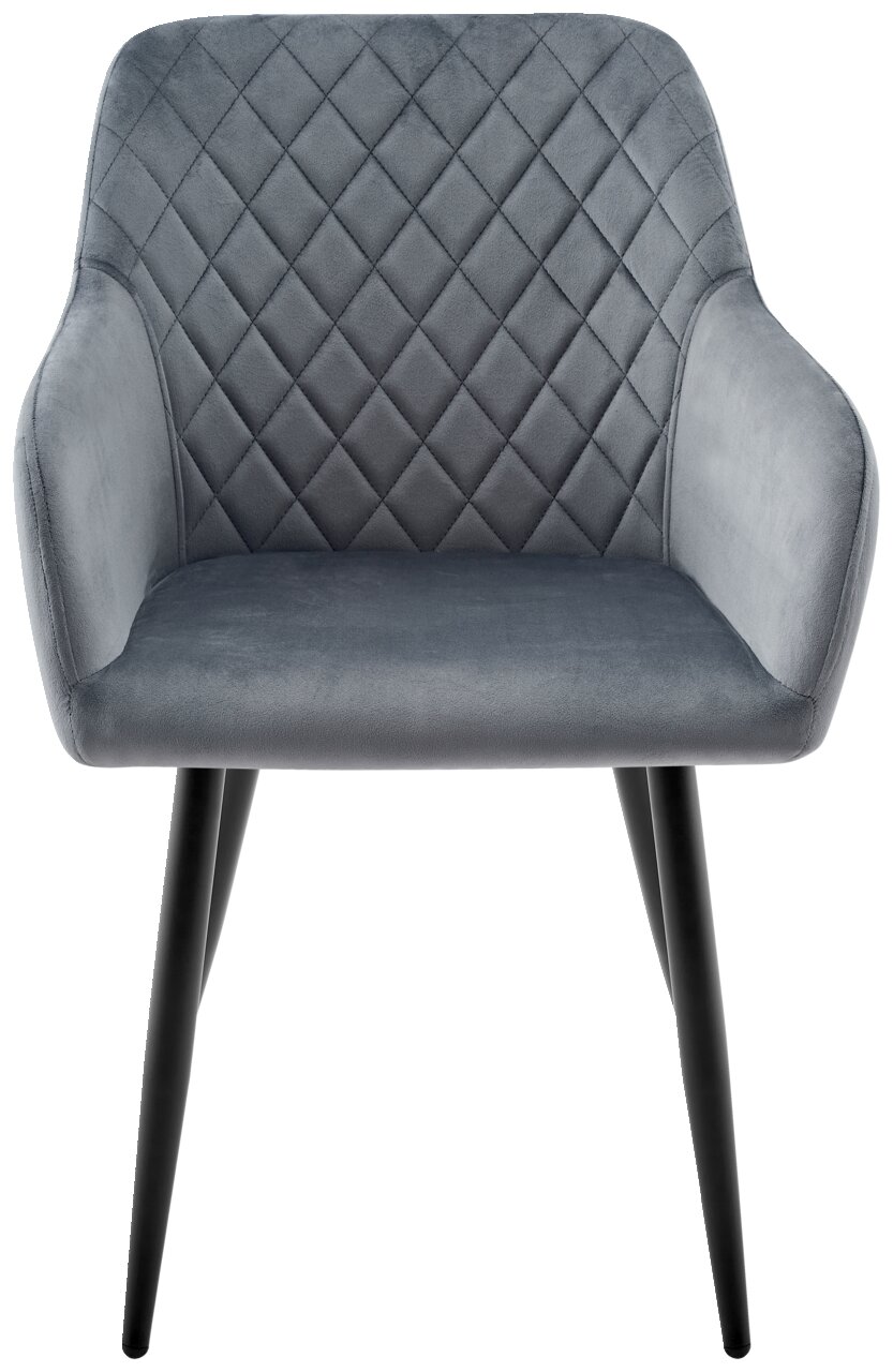 Grijze fauteuil met doorgestikte rugleuning en zwarte poten, vooraanzicht