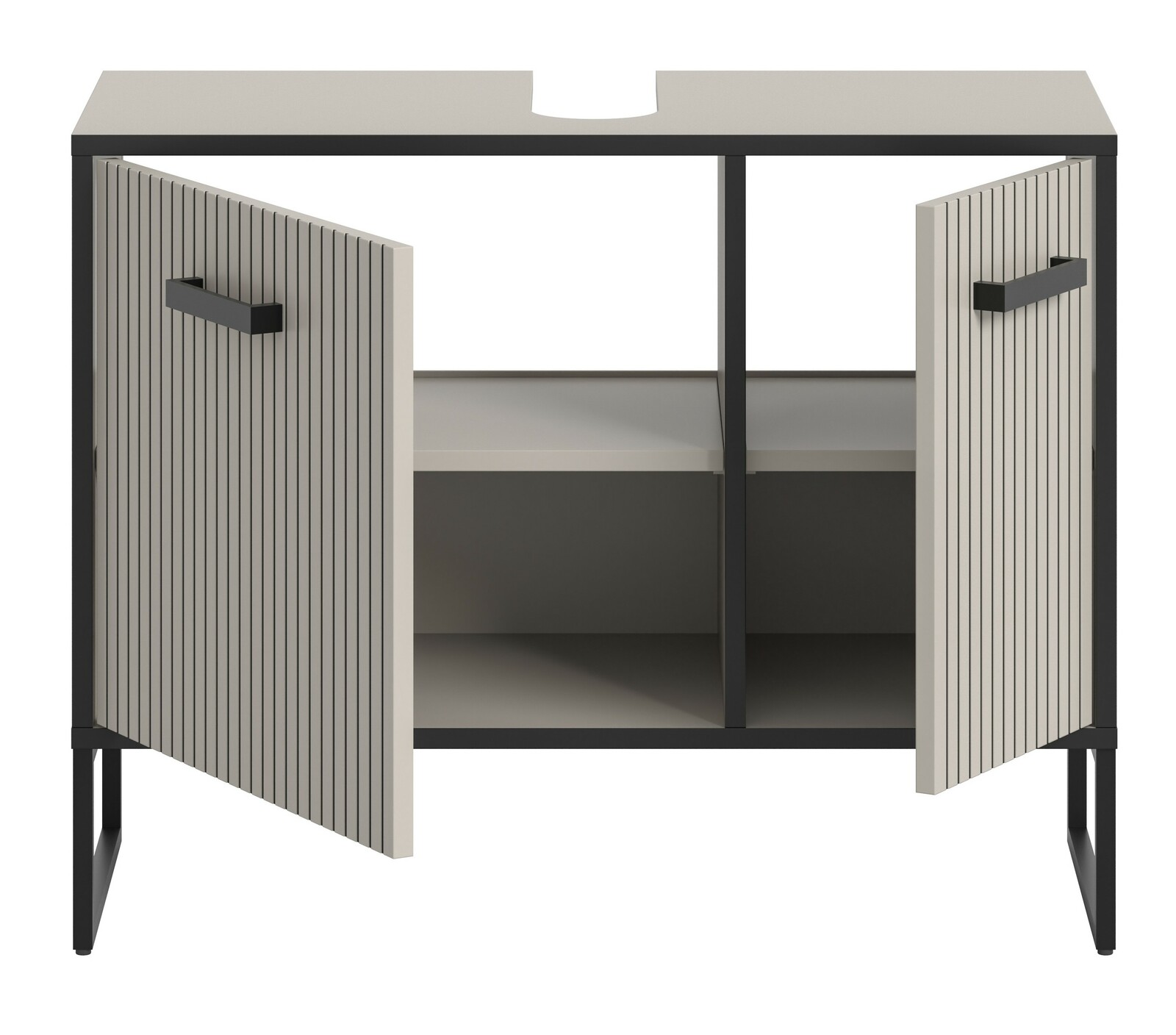 Moderner Waschbeckenunterschrank mit offenen Türen, Frontansicht