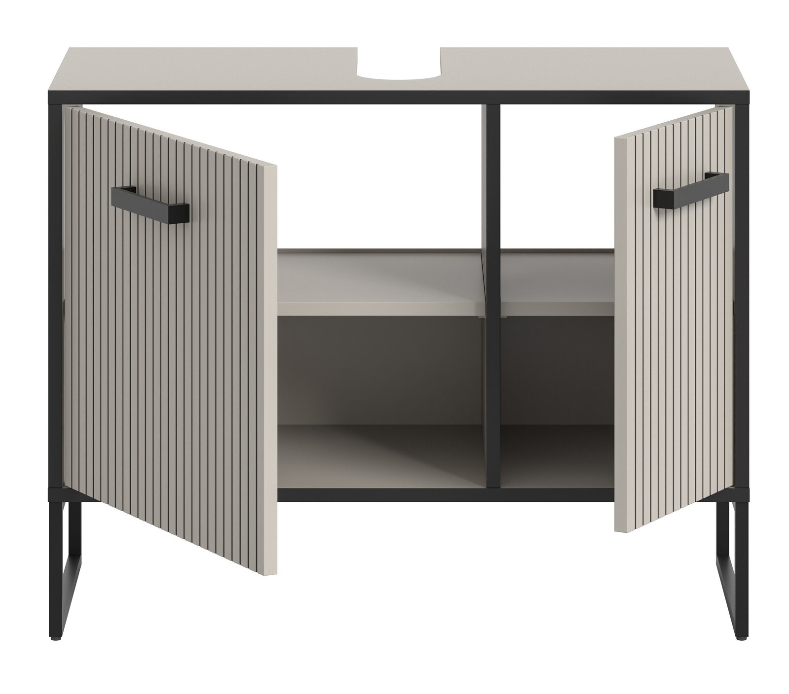 Moderner Waschbeckenunterschrank mit offenen Türen, Frontansicht