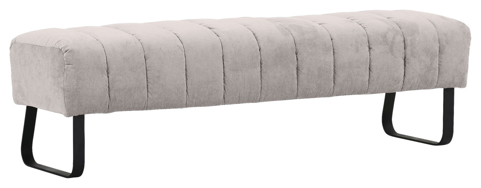 Graue 2er-Sitzbank mit gestepptem Stoffbezug und schwarzen Metallbeinen, seitliche Perspektive