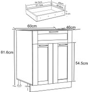 Technische Maßzeichnung eines schmalen Bad-Unterschranks mit zwei Türen und Griffen, Maße ca. 60 cm breit, 46 cm tief und 81,6 cm hoch, dargestellt in frontaler Ansicht sowie zusätzlich in perspektivischer Schrägansicht von oben mit Maßangaben.