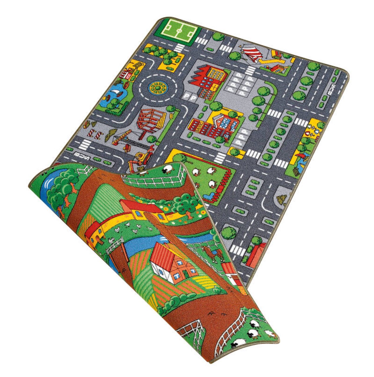 Kinderteppich DUO PLAY mit Stadt- und Landschaftsmotiven, aus der Vogelperspektive gezeigt
