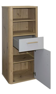 Beistellschrank aus Holz mit einer offenen Schublade und geöffneter Tür, frontal betrachtet