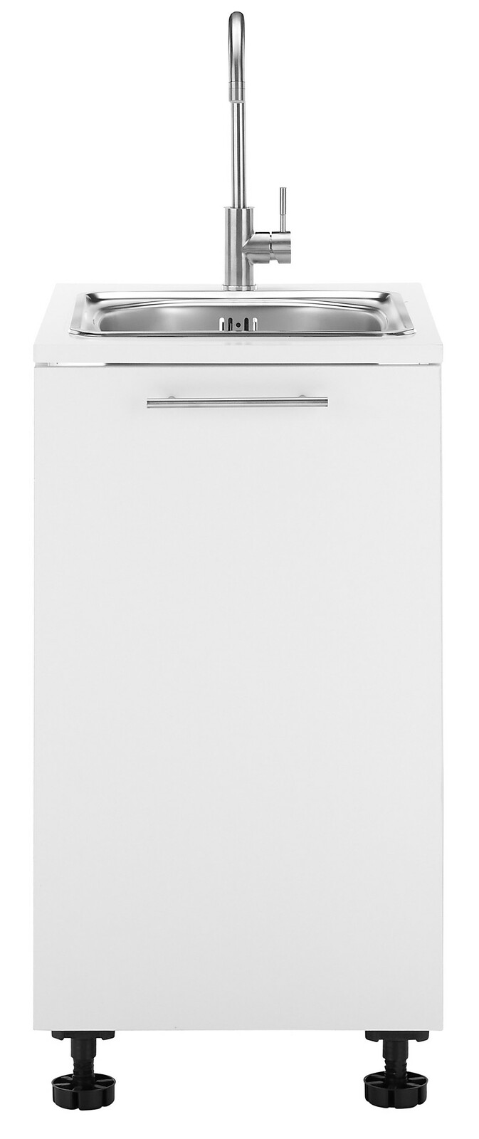 Frontansicht eines weißen Spülenunterschranks mit Edelstahlspüle und Wasserhahn.