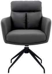 Grauer Armlehnstuhl mit schwarzem Metallgestell, Frontalansicht