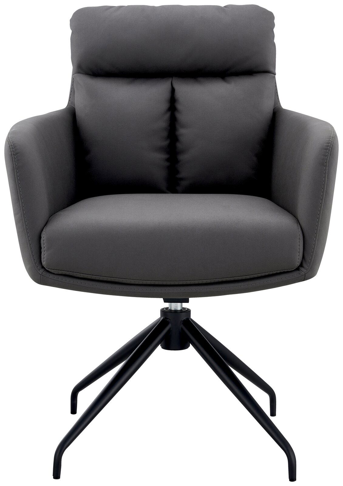 Grauer Armlehnstuhl mit schwarzem Metallgestell, Frontalansicht