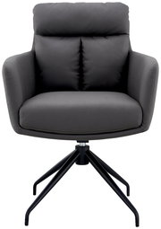 Grauer Armlehnstuhl mit schwarzem Metallgestell, Frontalansicht