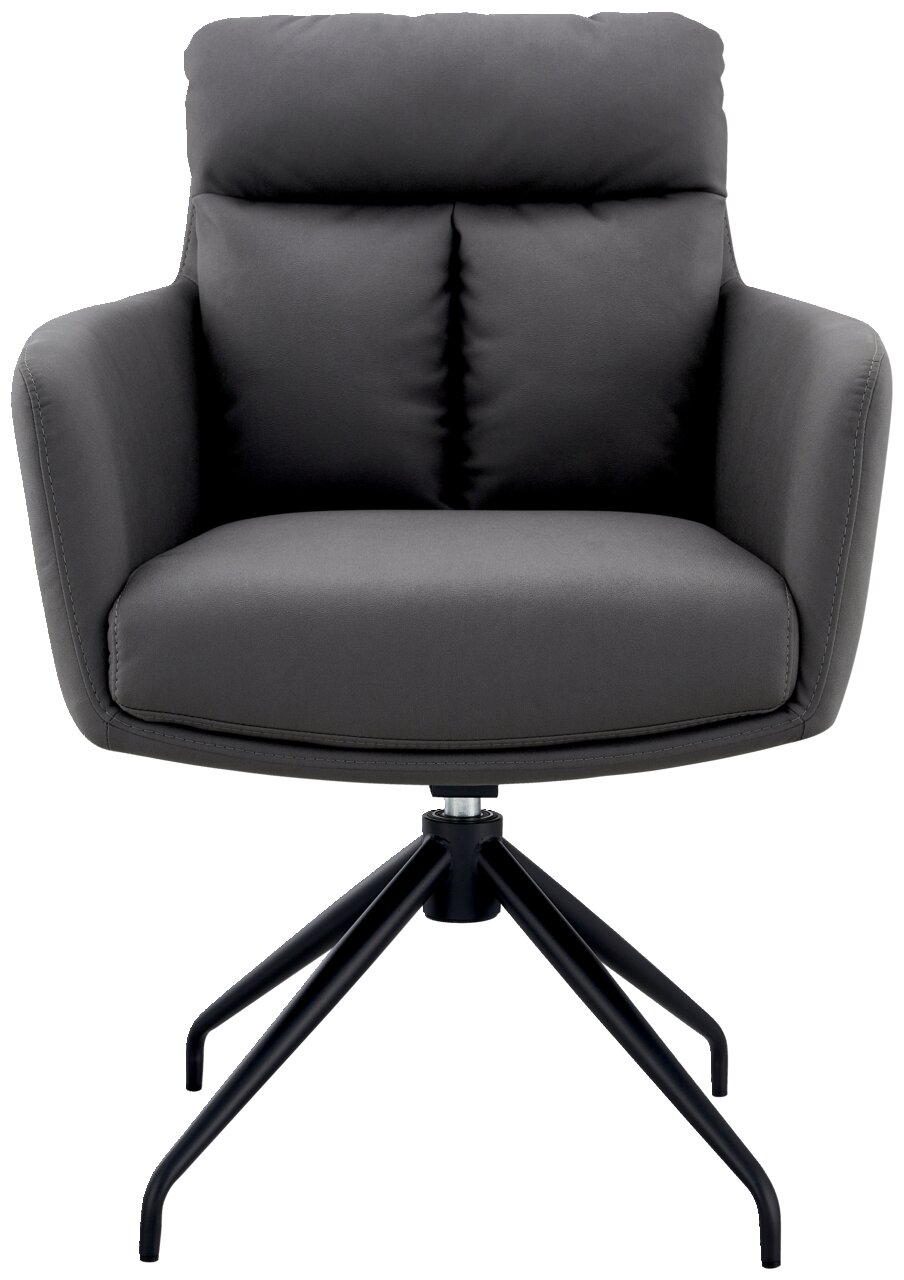 Grauer Armlehnstuhl mit schwarzem Metallgestell, Frontalansicht