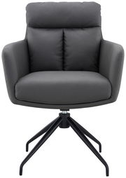 Grauer Armlehnstuhl mit schwarzem Metallgestell, Frontalansicht