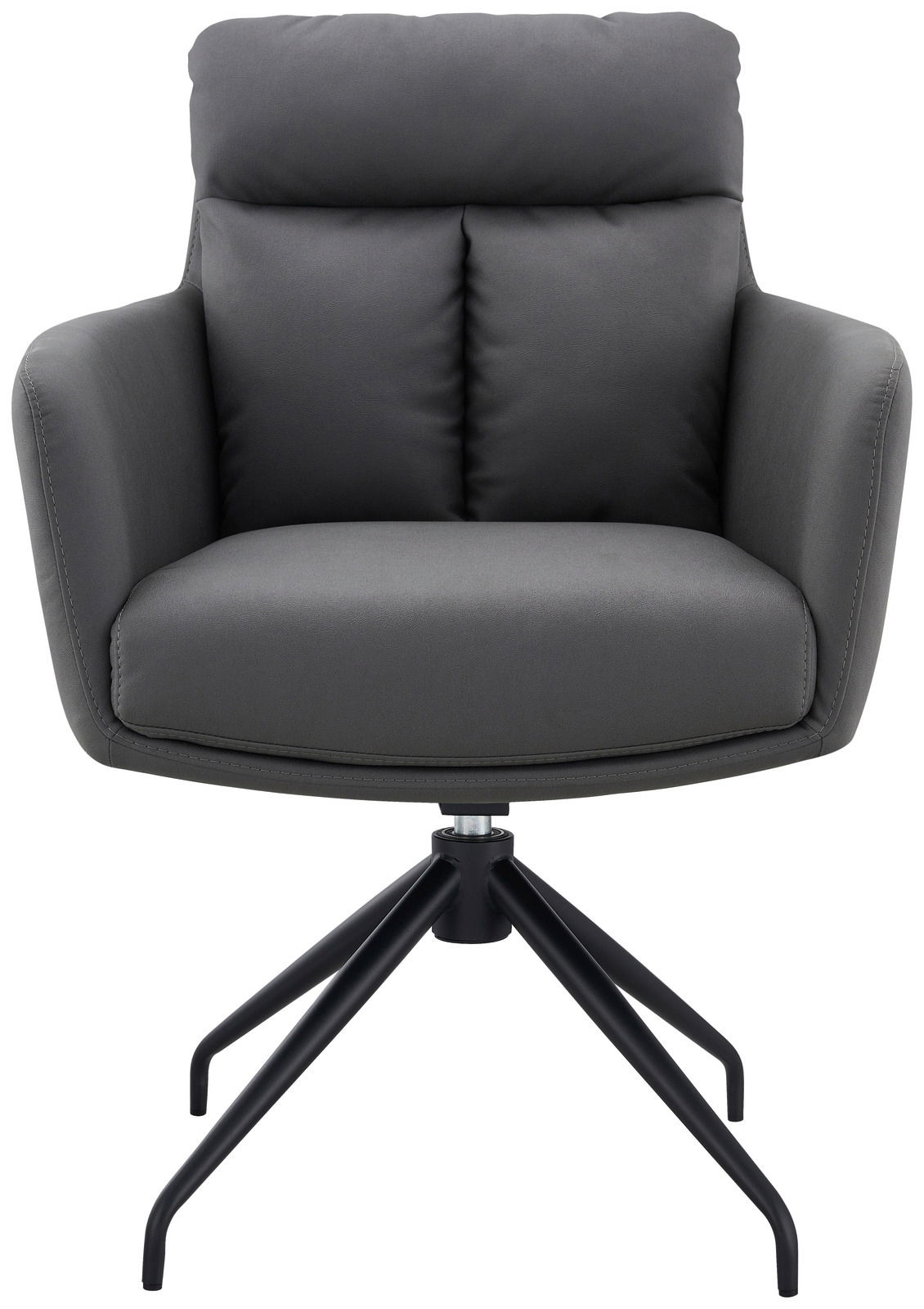 Grauer Armlehnstuhl mit schwarzem Metallgestell, Frontalansicht