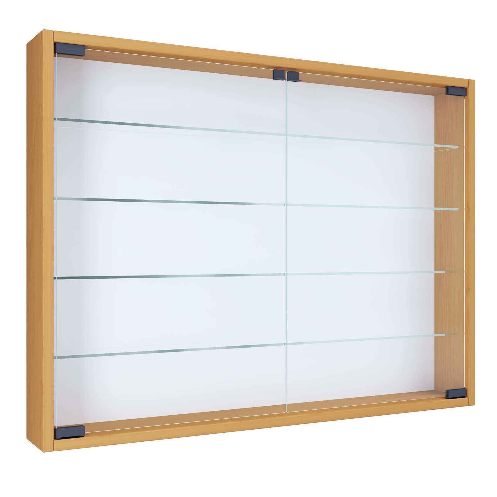 VCM Wandvitrine MANDOSA Wandvitrine mit hellem Holzrahmen, Glas-Schiebetüren und mehreren Glasböden, perspektivische Ansicht schräg von vorne
