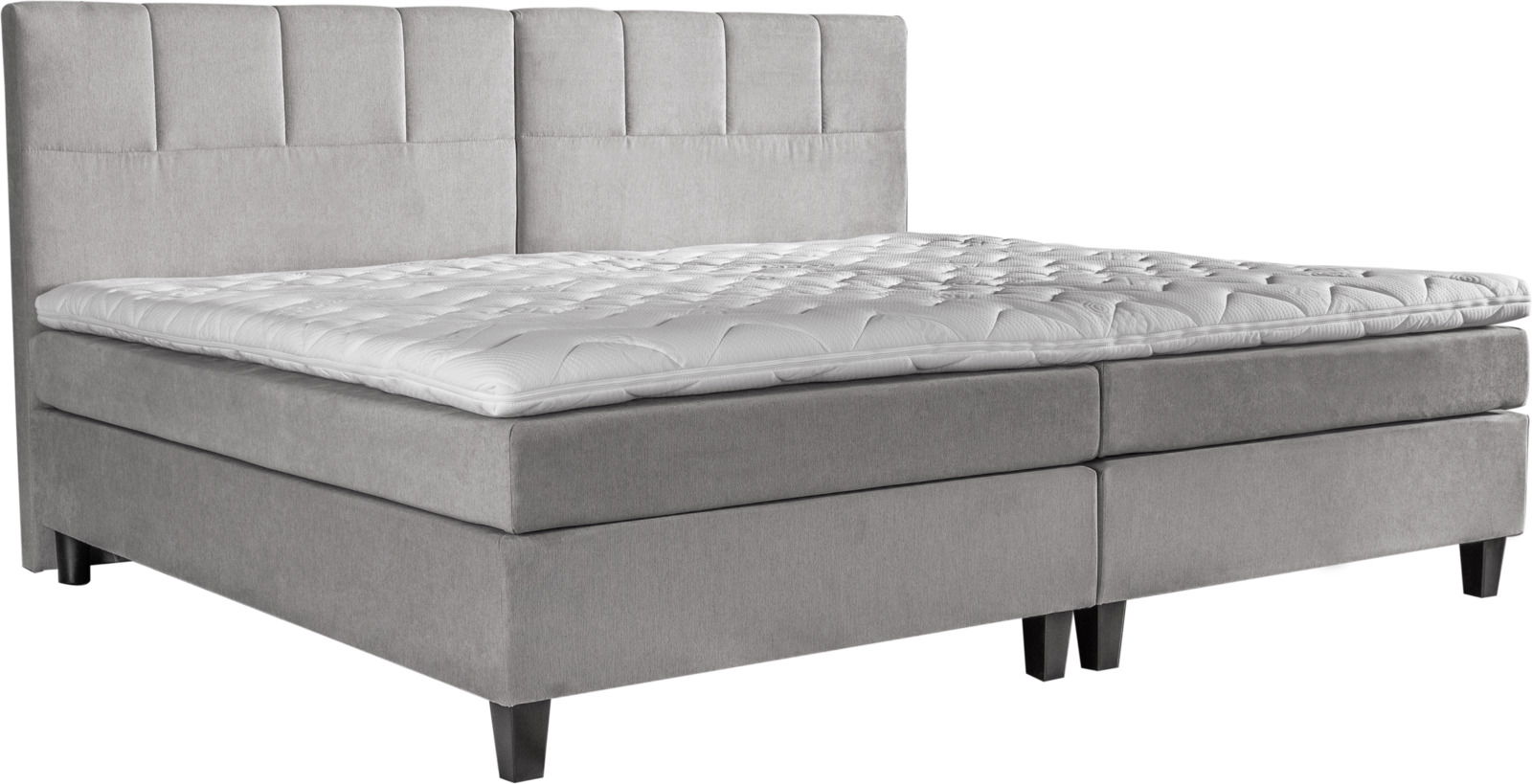 Graues Boxspringbett mit gestepptem Kopfteil und Matratzenauflage, seitliche Perspektive