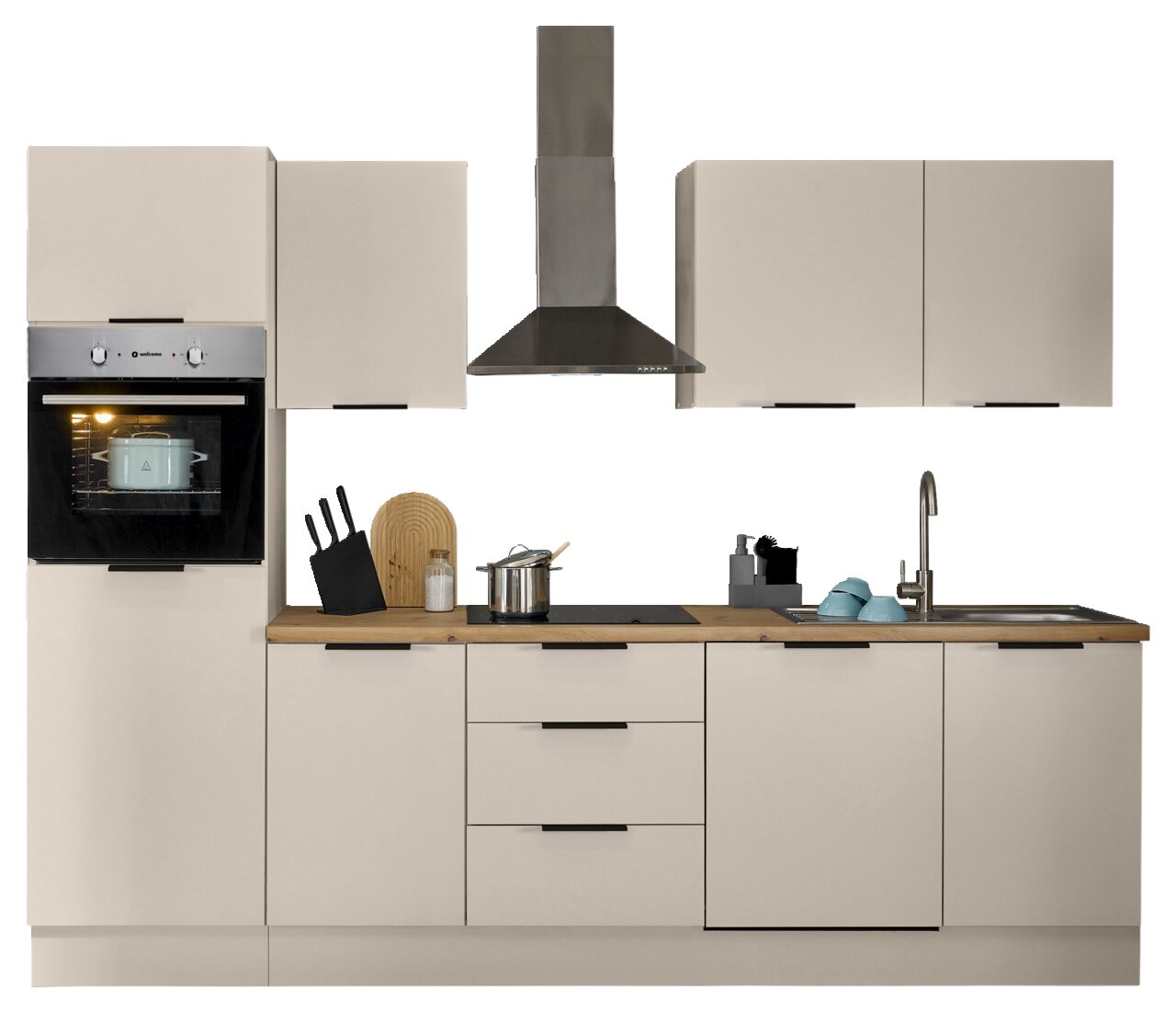 Moderne keukenblok in een lichte kleur met ingebouwde oven, afzuigkap, spoelbak en werkblad, gezien vanaf de voorkant.