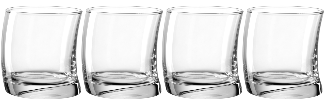 Vier transparente, zylindrische Gläser mit leicht geschwungenem Design, frontal nebeneinander angeordnet.